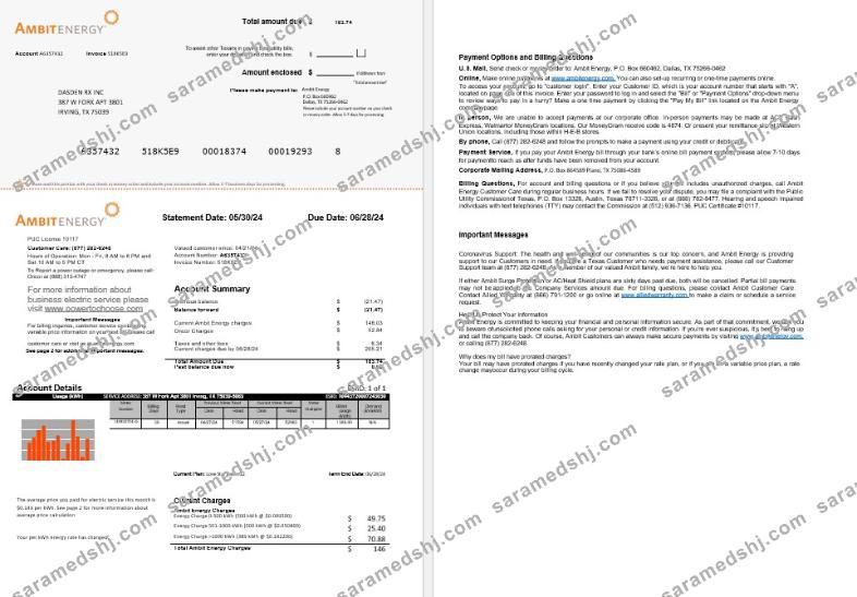 USA Ambit Energy business utility bill Word and PDF template 1-2 pages
